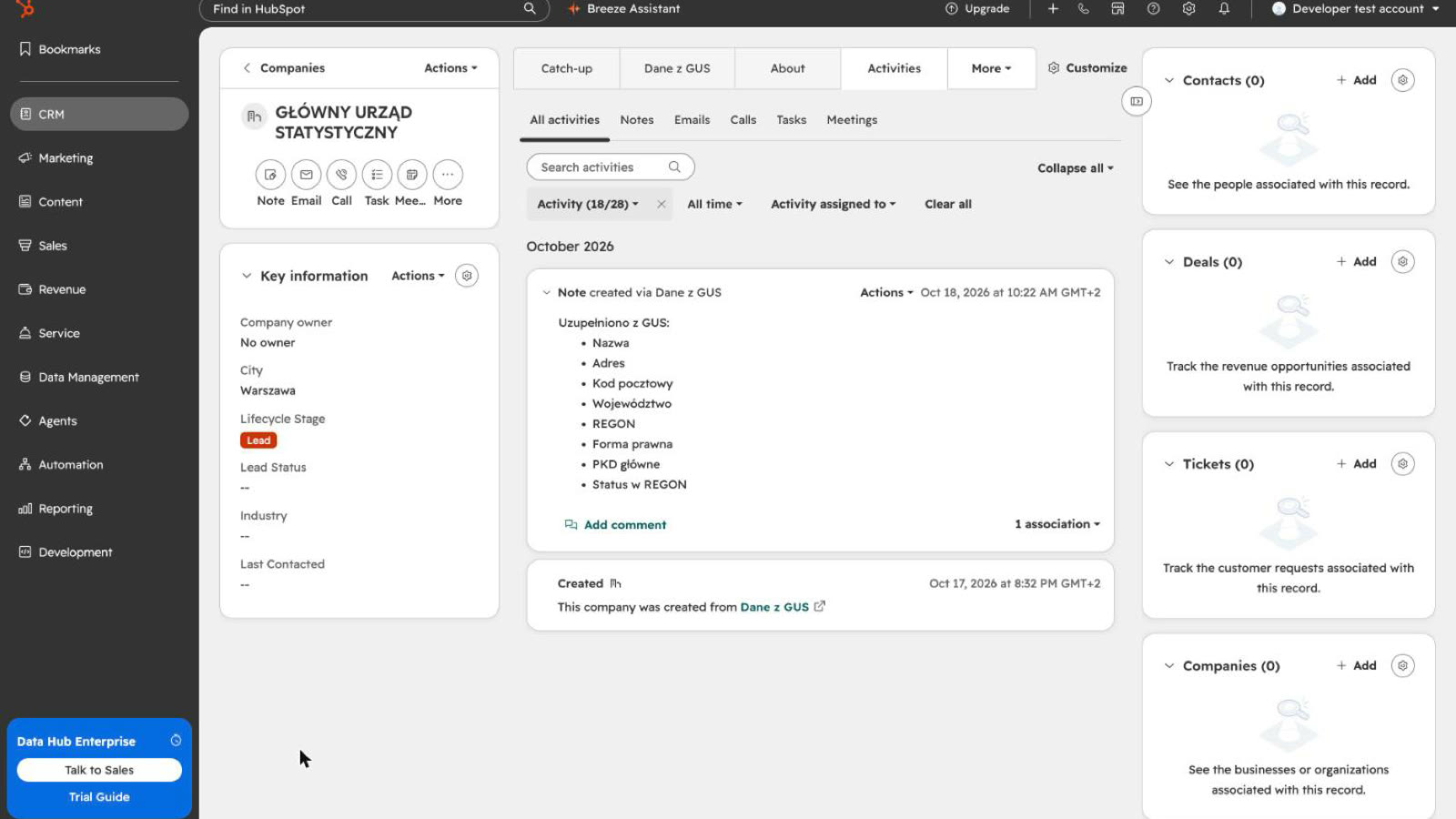 Notatka Uzupełniono z GUS na osi czasu firmy w HubSpot